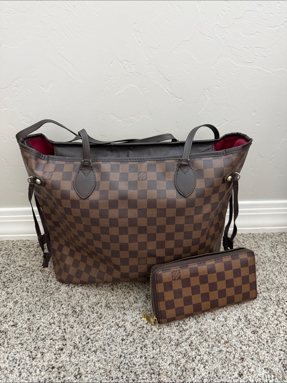 Source Unknown Brown Checkered Shoulder Tote with Matching Wallet